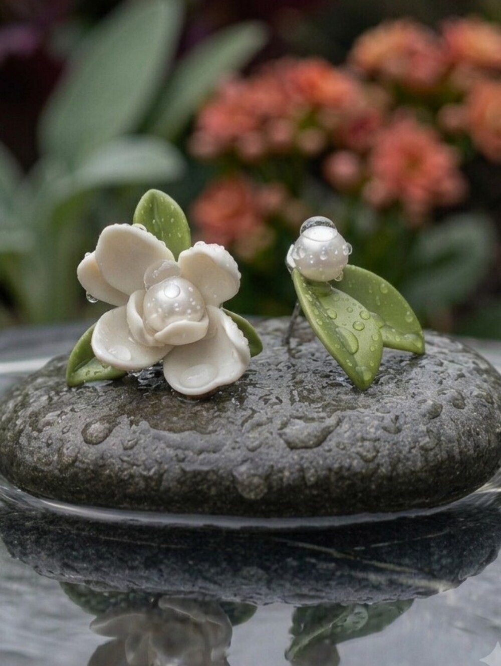 Mismatched Flower and Leaf Resin Stud Earrings 925 Silver Post Cottagecore 1" - Picture 14 of 16